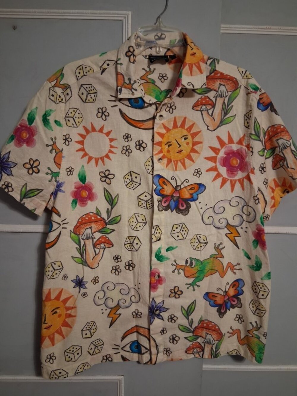 Asos Design Colorful Shirt Short Sleeve Button-Up Mens L Art Drawings Hippie